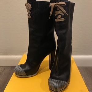 Fendi black leather boots with lace rubber toe